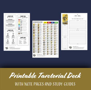 Three pieces of paper with tarot card meanings on them are laid against a blue background.