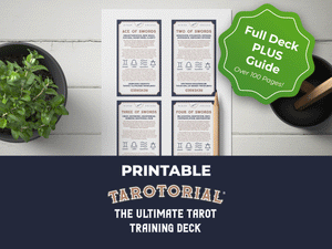 A piece of paper with four printed tarot cards lays on a white table with a green plant on it. The text reads "Printable Tarotorial The Ultimate Tarot Training Deck"