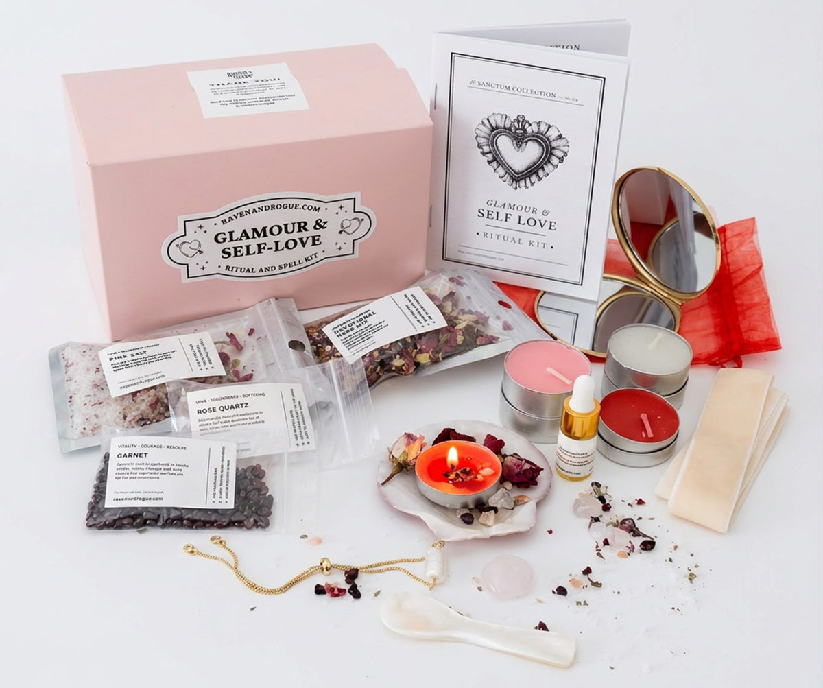 Glamour and Self Love Ritual and Spell Kit displayed on a white background, including a pink box, card, crystals, salts, candles, a small mirror, a spoon, and other ritual items.