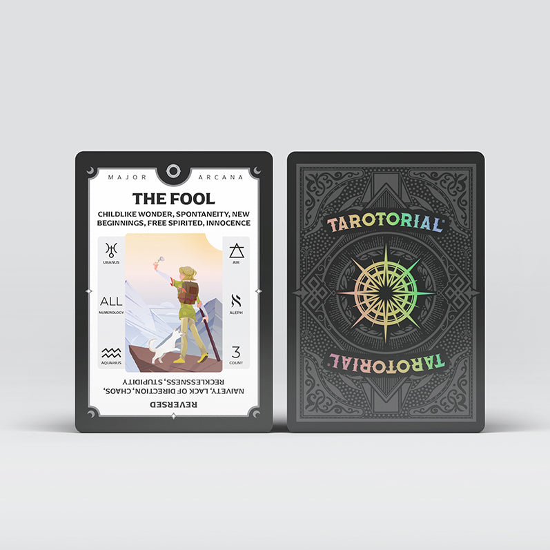 Two tarot cards from the Tarotorial Expanded mini deck with silver holographic foil finish. Left shows The Fool card (0) with a figure at cliff's edge and white dog. Right shows ornate card back with golden compass design and Celtic borders in green/gold on dark background.