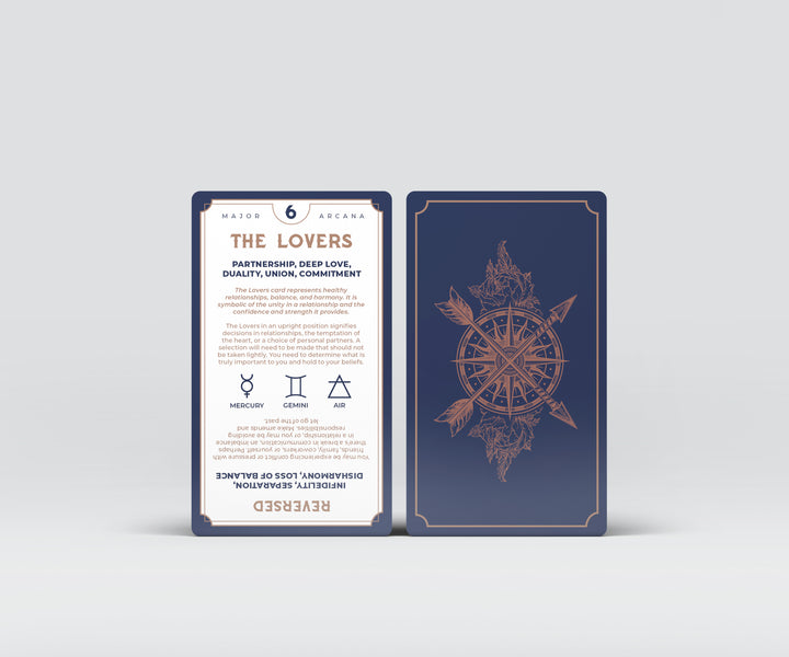 Two divination cards are standing upright. On the left is the front of The Lovers, and on the right is the back design.