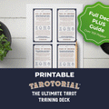 A piece of paper with four printed tarot cards lays on a white table with a green plant on it. The text reads "Printable Tarotorial The Ultimate Tarot Training Deck"