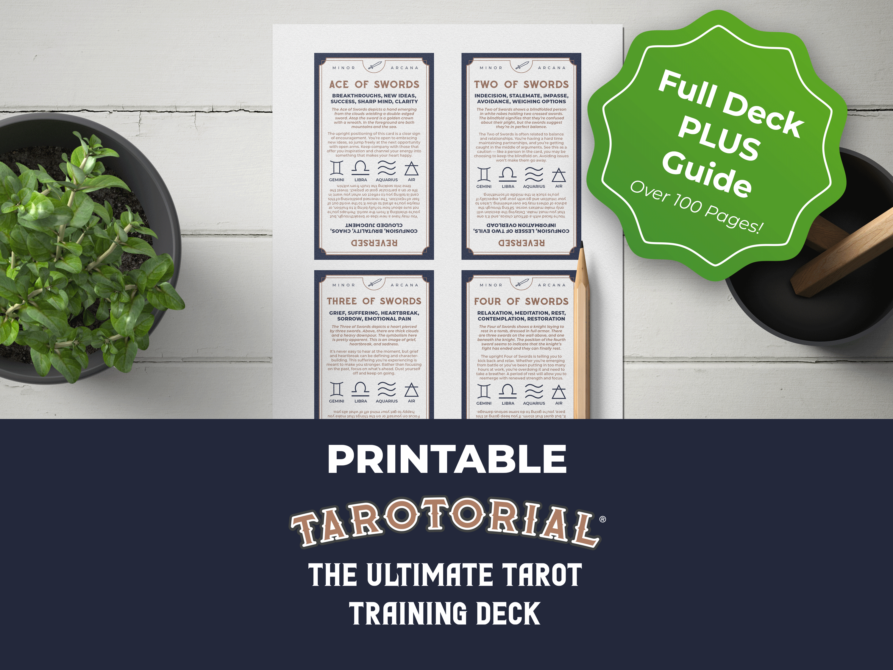 A piece of paper with four printed tarot cards lays on a white table with a green plant on it. The text reads &quot;Printable Tarotorial The Ultimate Tarot Training Deck&quot;