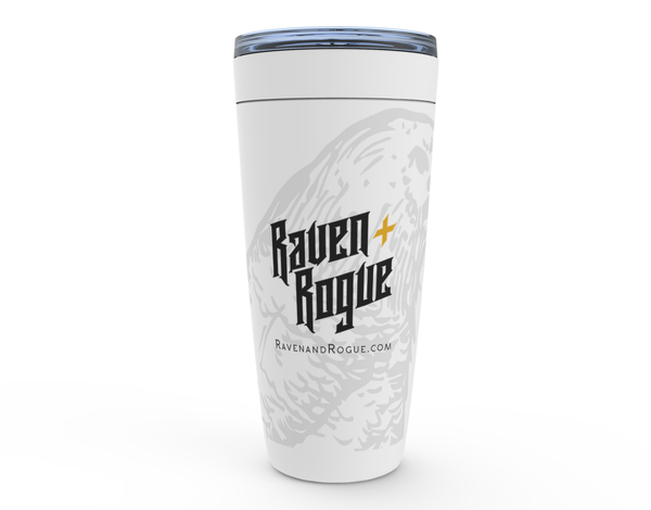 A white 20 oz tumbler with the Raven and Rogue logo printed on it.
