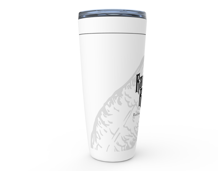 A side view of a white 20 oz tumbler with the Raven and Rogue logo printed on it.
