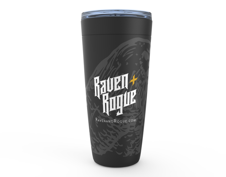 A black 20 oz tumbler with the Raven and Rogue logo printed on it.