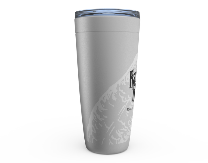 A side view of a silver 20 oz tumbler with the Raven and Rogue logo printed on it.